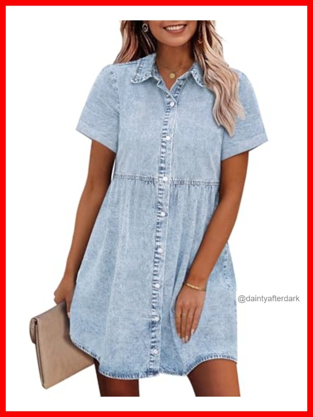Denim Babydoll Dress Tiered Short Sleeve Button Down Jean Shirt Dress